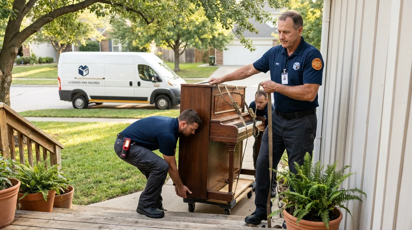 Licensed piano movers securing grand piano in Delta, UT