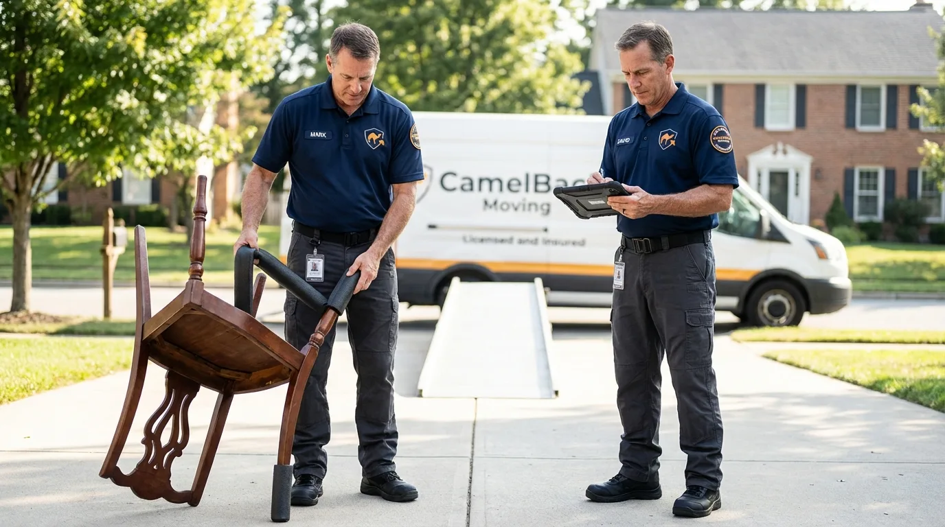 Movers inspecting furniture for damage prevention before loading in Delta, UT
